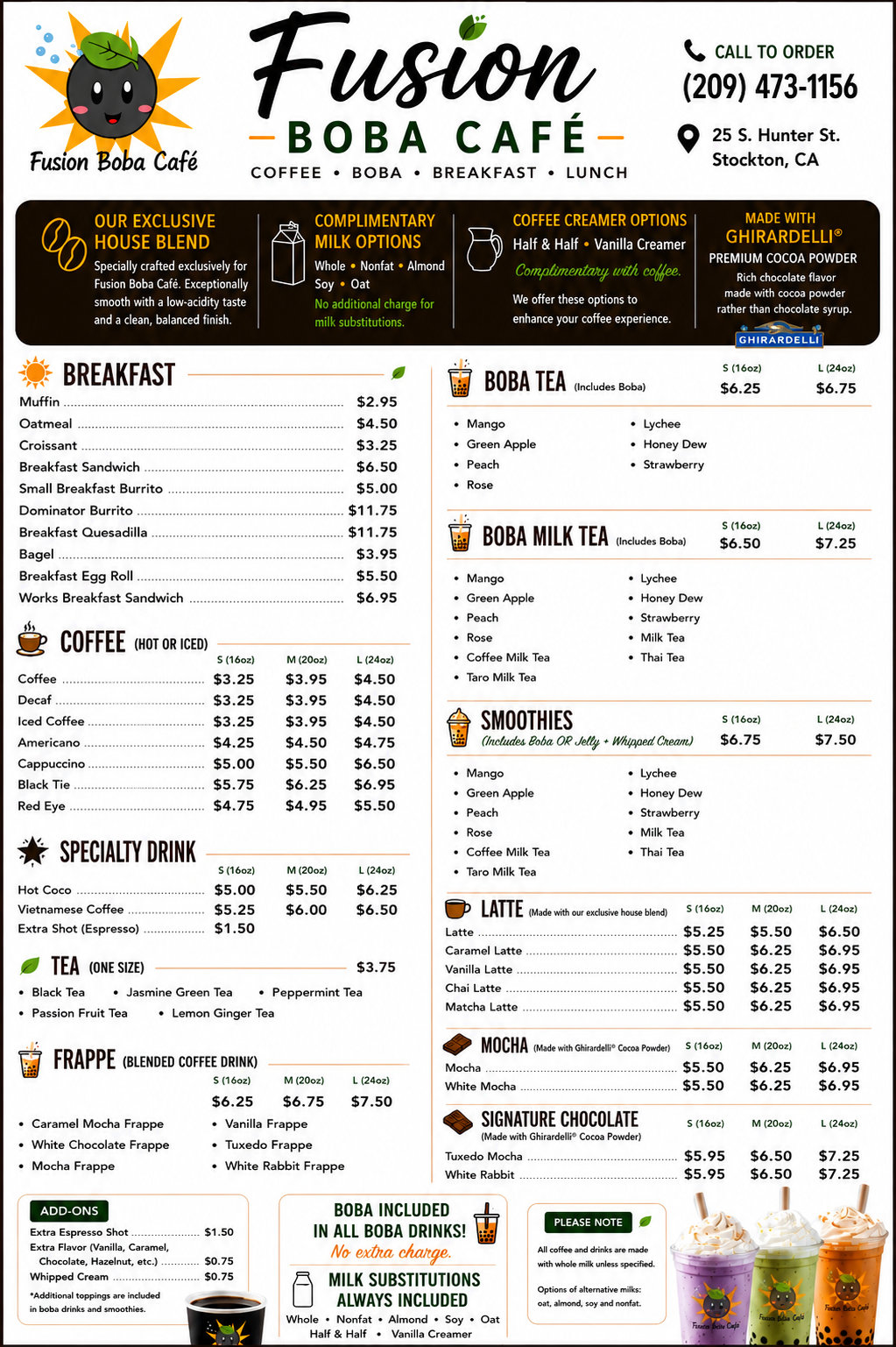 Fusion Boba Café coffee and boba menu